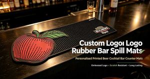 Hero banner custom die cut apple shaped rubber bar spill mats personalised logo commercial pub cider bar mats
