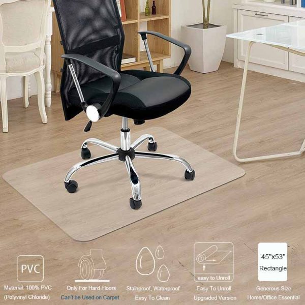 Protect Hard Floor and Chair Caster: This computer chair mat for hardwood floor helps protect your hard floors from scratches, overall wear and tear, and chair casters from wearing. Perfect for hardwoods, vinyl, tile, marble, laminate and concrete. Not recommended for carpet. Large Size & Easy to Use: This large desk chair mat for hardwood floor is made from premium PVC material which makes the mat easy to flat and roll up when you repack. Highly Transparent & Easy to Clean: The clear office chair mat for hard floor allows the beauty of your floor can be clearly seen. Just wipe it with damp cloth and it will be clean. Durable and won’t Curl: This office mats for rolling chairs are incredibly durable, and meant to last for years. It won’t curl over time and will resist scratching, ripping and breaking. Odorless, Non-Toxic & Eco-friendly: This office chair floor mat is free from BPA, phthalate and volatile toxins for a healthy indoor environment. Rest assured this is a safe option for your home or office.