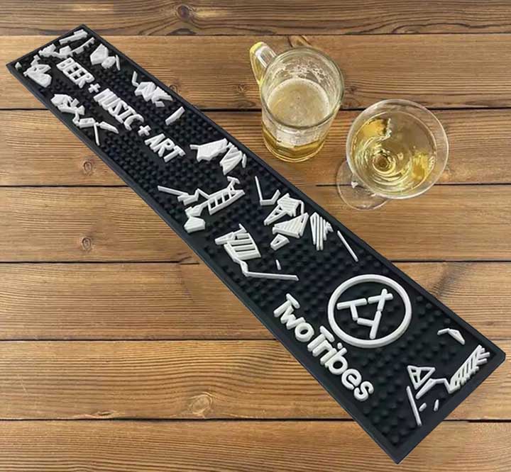 Two Tribes Beer Custom Logo Bar Top Bartender Runner Mats PVC Rail Drip Mats Pub Cocktail Black Rubber Bar Mats