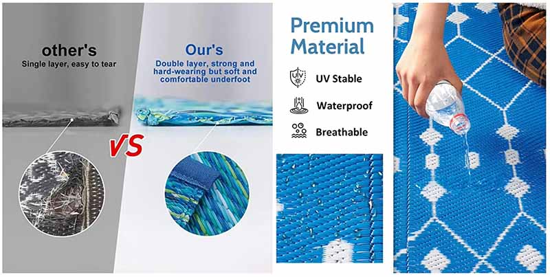 China Factory Custom Logo Waterproof Outdoor Rugs, Plastic Reversible Carpet Rug, Large Floor Mat For RV, Patio, Deck, Picnic, Beach, Camping (1)