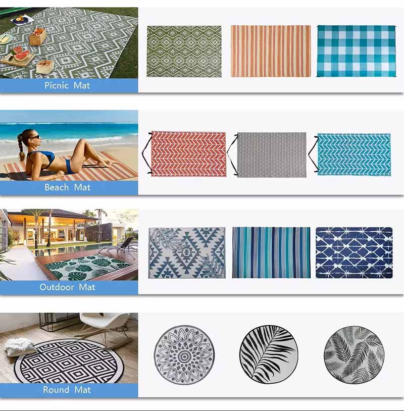 China Factory Custom Logo Waterproof Outdoor Rugs, Plastic Reversible Carpet Rug, Large Floor Mat For RV, Patio, Deck, Picnic, Beach, Camping (4)