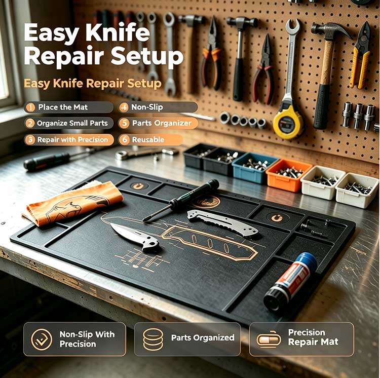 Custom Knife Takedown Mat with Parts Tray – Non-Slip Shop Surface for Builders, Hobbyists & EDC Knives