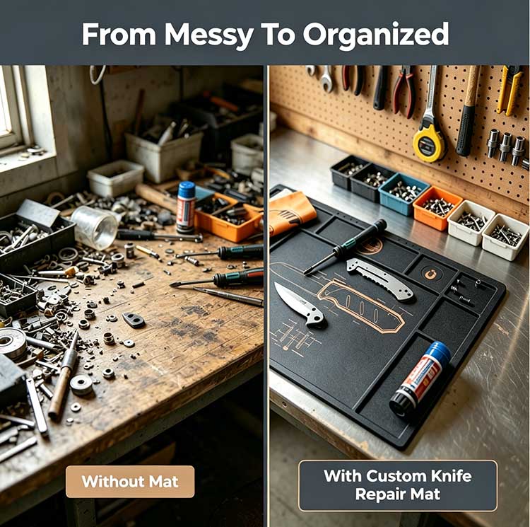Hobbyist disassembling folding EDC knife on Custom Knife Takedown Mat in home garage workshop