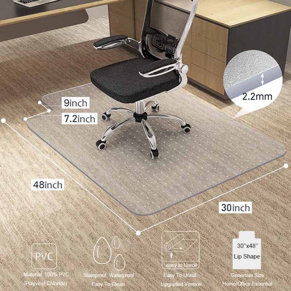 30''x48'' Lip Shape Desk Chair Mat Thick Carpet Protector with Studs PVC Clear Plastic Office Chair Mat for Carpet