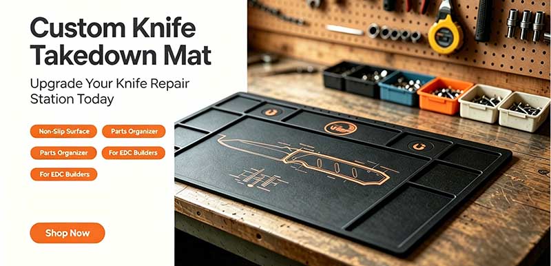 Custom Knife Takedown Mat on clean wooden pegboard garage workbench, complete knife disassembly tool set laid out on non-slip silicone repair mat Custom Knife Takedown Mat on clean wooden pegboard garage workbench, complete knife disassembly tool set laid out on non-slip silicone repair mat